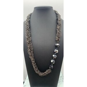 Cookie Lee Gunmetal Multi Mesh Intertwined Chain Necklace W Faceted Beads 20"